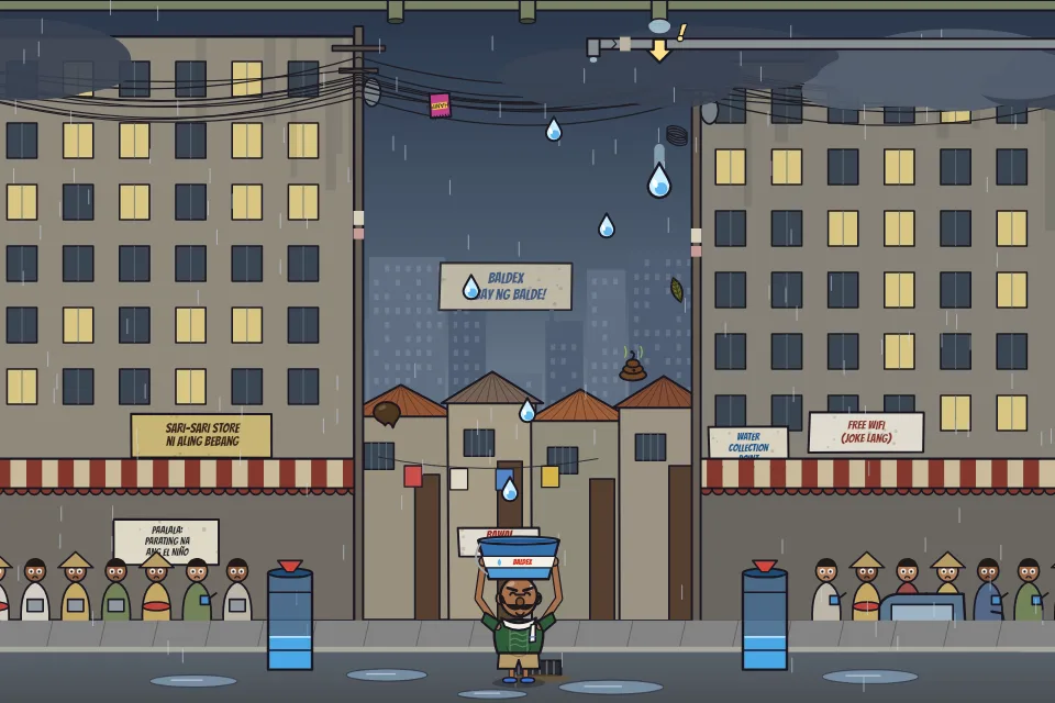 Lord Balde Mark — a bald man with a handlebar mustache, green barong-style shirt and a white towel — balances a blue pail on his head while catching raindrops on a flooded Filipino street lined with sari-sari stores, tangled power lines and water drums.